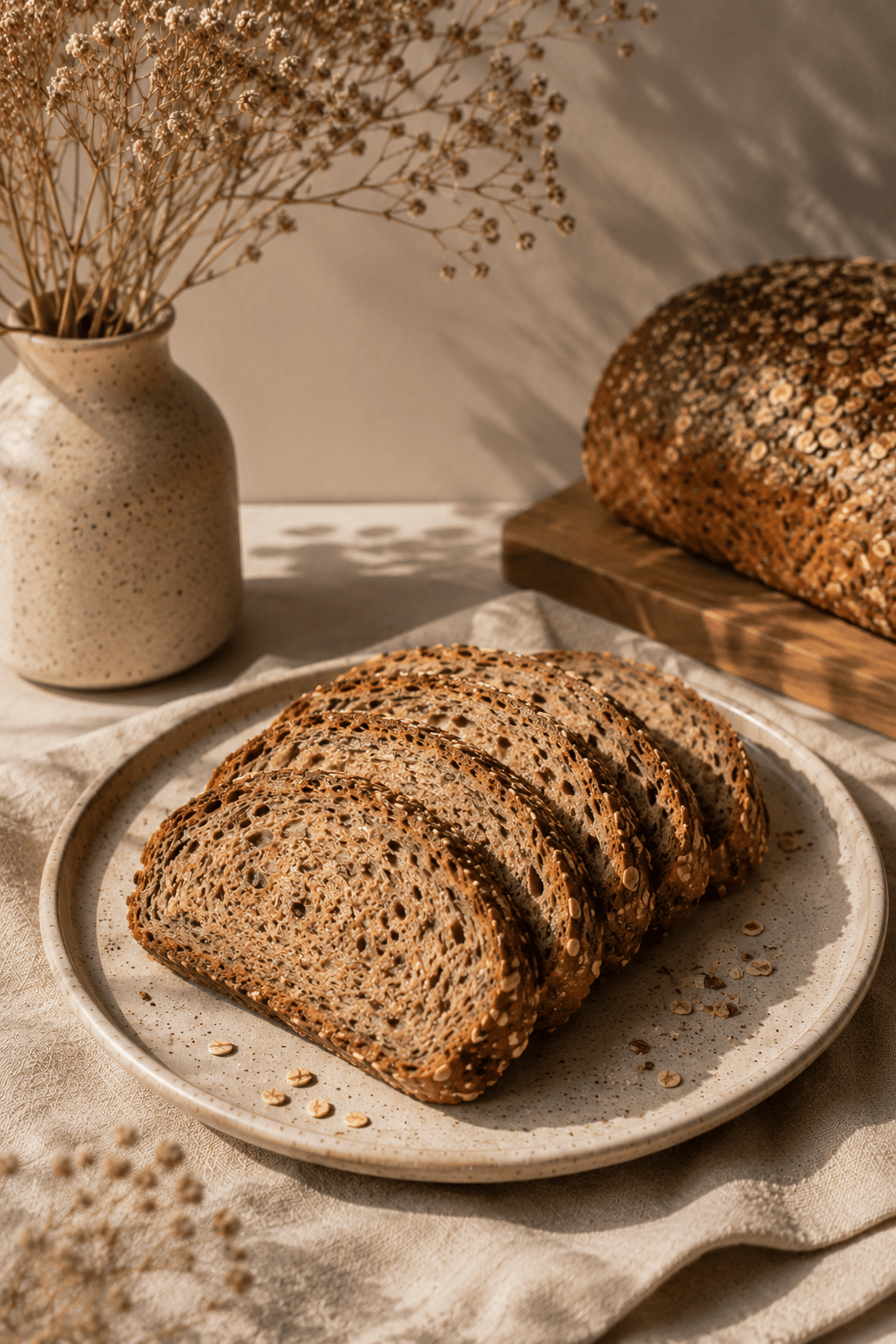 Freshly sliced multigrain bread by Velvet Crumbs served on a ceramic plate with rustic aesthetic styling and soft sunlight.