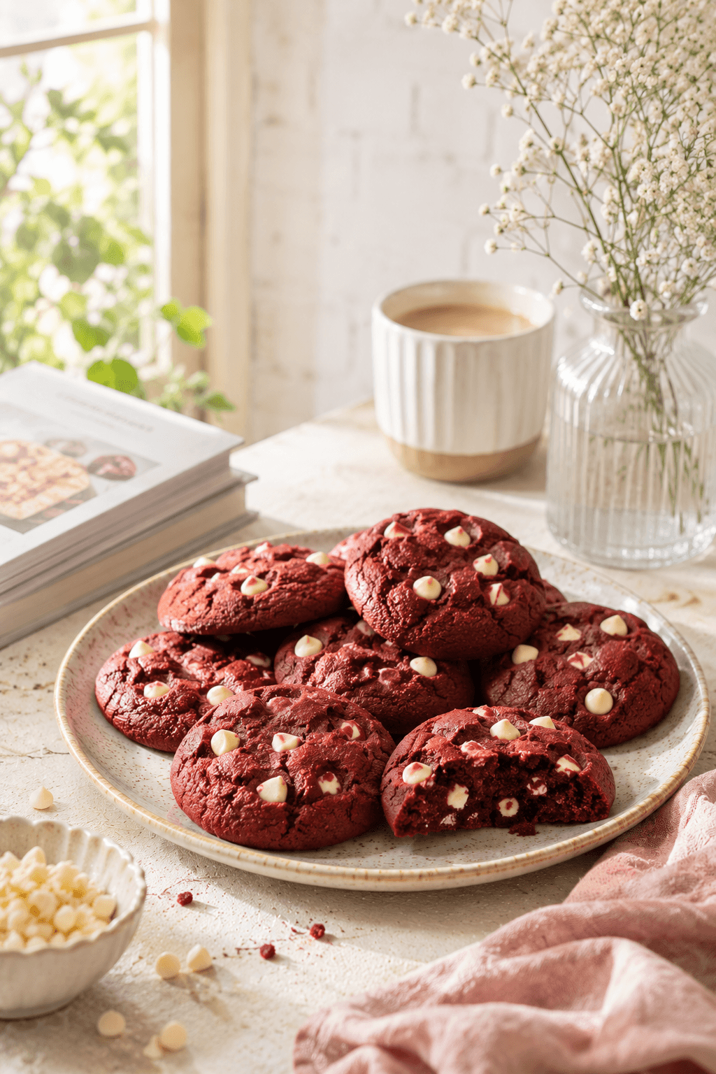 Velvet Crumbs red velvet cookies with white chocolate chips styled in an elegant bakery scene