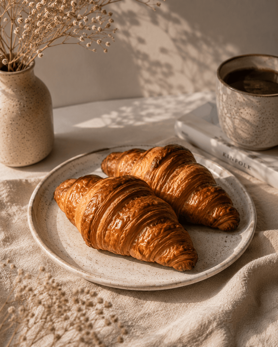 Golden flaky croissants by Velvet Crumbs placed on a minimal ceramic plate with cozy café-style aesthetic and warm lighting.