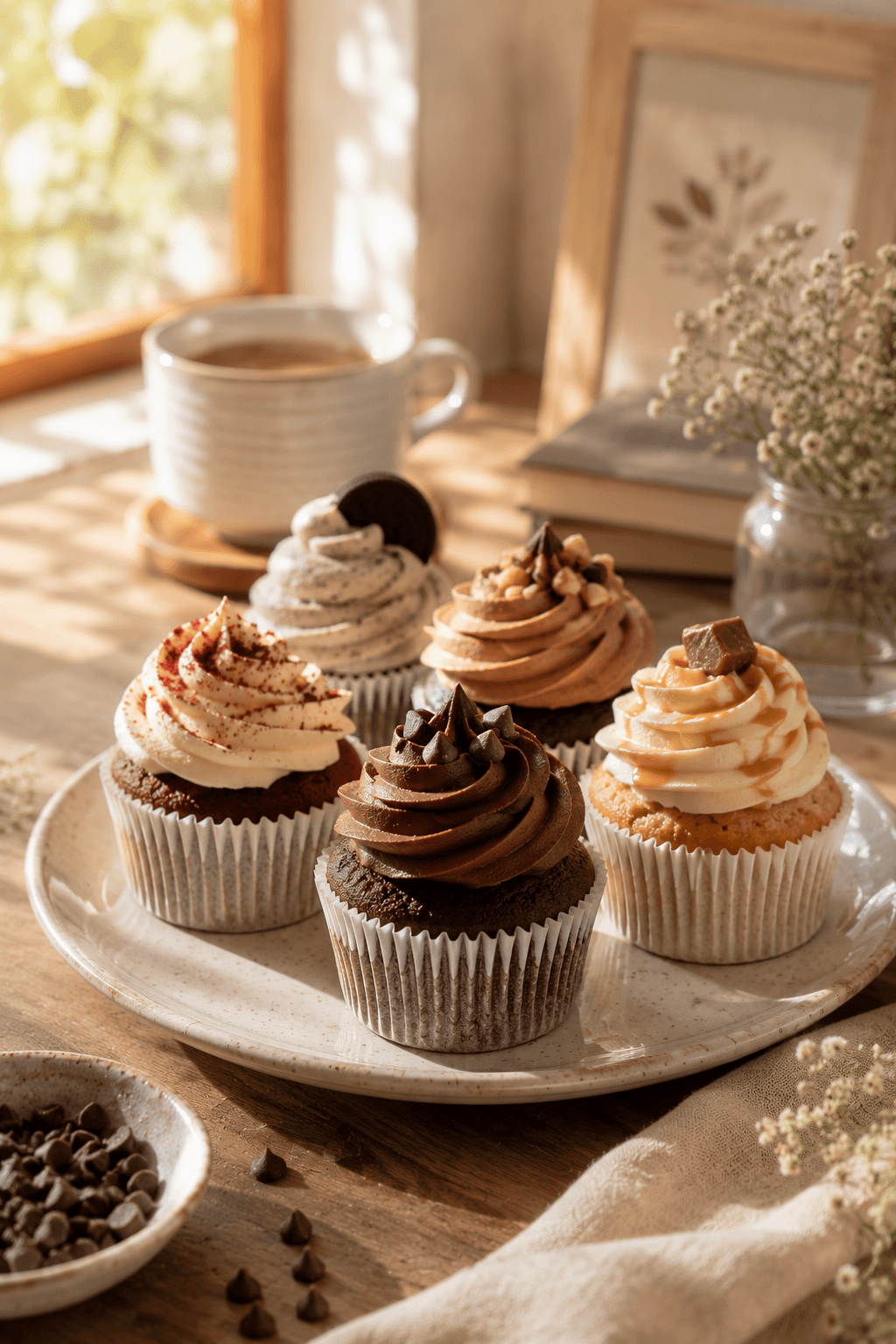 Velvet Crumbs premium cupcakes with creamy frosting styled in an elegant bakery café scene