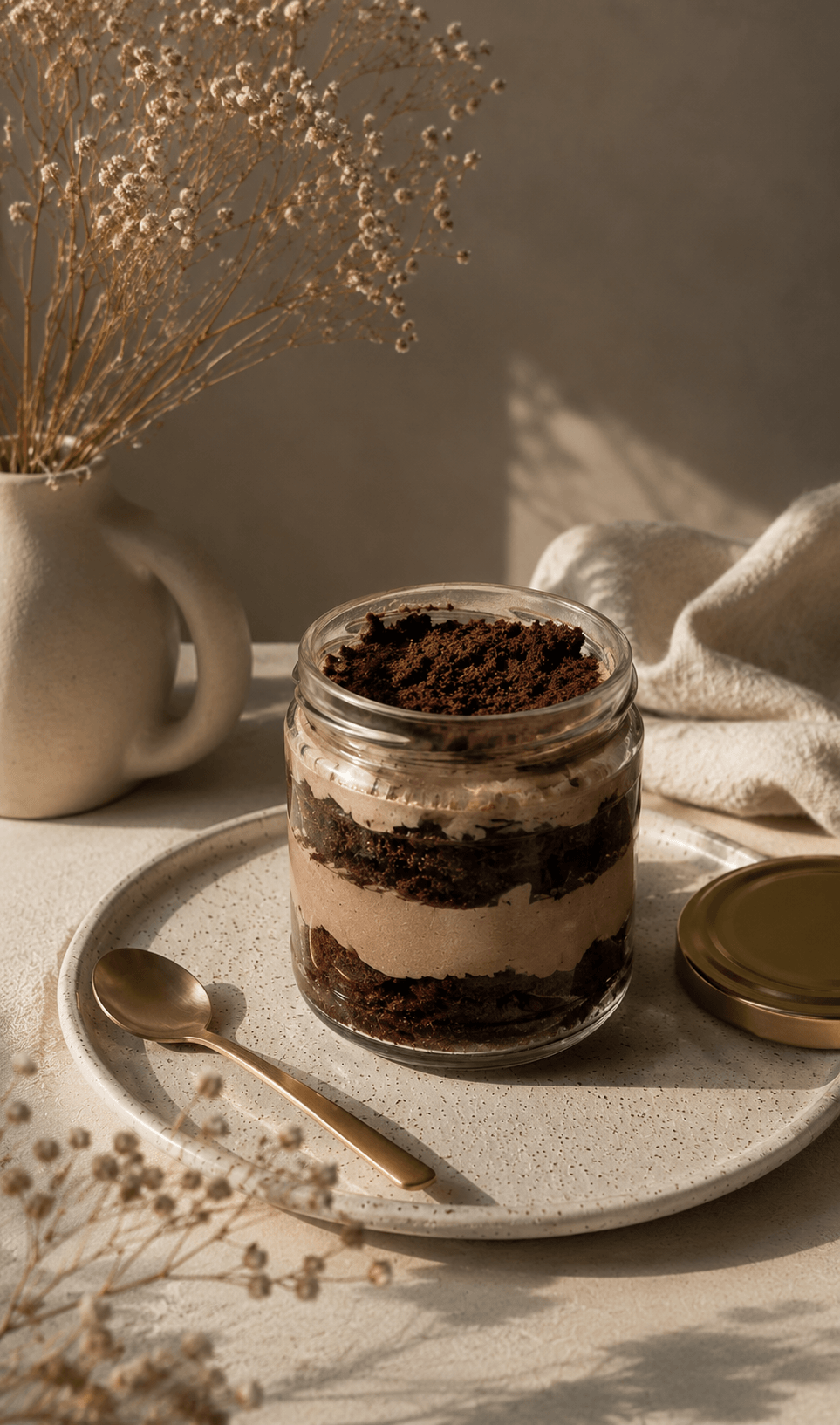 Velvet Crumbs chocolate jar cake with creamy layered mousse and rich chocolate crumbs, styled aesthetically in warm natural lighting.