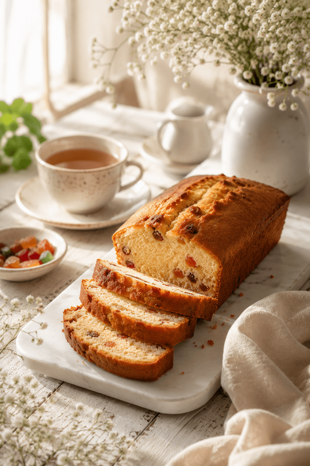 Velvet Crumbs freshly baked tea cake loaf in a bright aesthetic bakery scene
